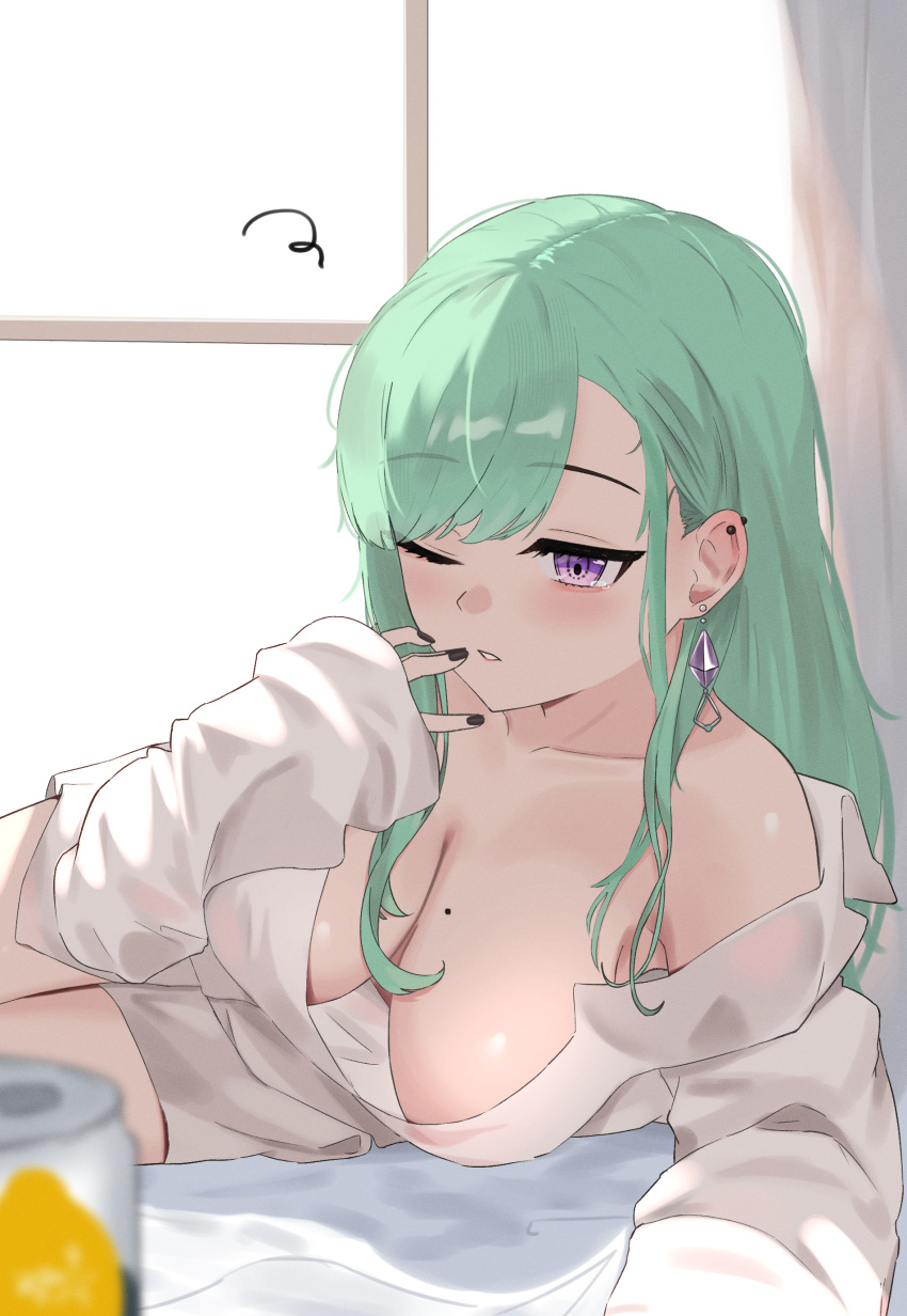 1girl 4kebidayo absurdres arm_support bed_sheet black_nails breasts can collared_shirt curtains dress_shirt ear_piercing earrings green_hair hair_behind_ear hanging_breasts highres jewelry large_breasts long_hair long_sleeves mole mole_on_breast naked_shirt no_bra off_shoulder one_eye_closed open_clothes open_shirt parted_lips piercing purple_eyes shirt single_bare_shoulder single_earring sleepy sleeves_past_wrists solo swept_bangs tearing_up virtual_youtuber vspo! waking_up white_shirt window wing_collar yakumo_beni