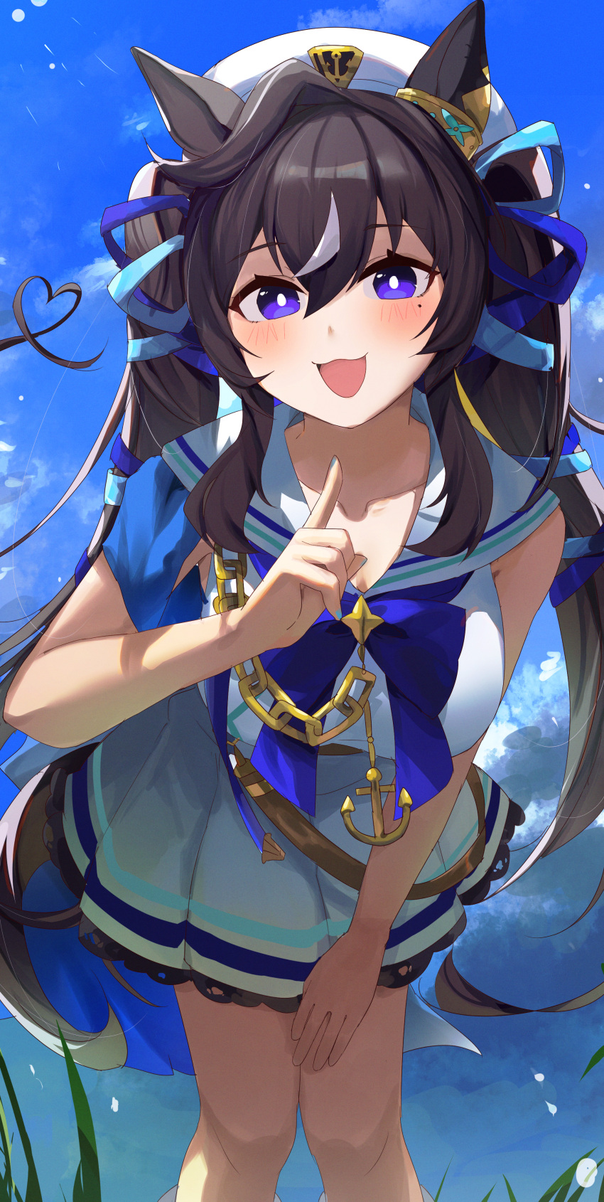 :3 absurdres animal_ears bare_arms bare_legs blue_bow blue_bowtie blue_nails blue_ribbon blue_sky blush bow bowtie brown_hair ear_covers hair_ribbon hand_on_own_thigh hat heart heart_hair highres horse_ears horse_girl horse_tail leaning_forward long_hair looking_at_viewer mole mole_under_eye multicolored_hair open_mouth pleated_skirt pointing pointing_at_self purple_eyes ra_mun5239 ribbon sailor_collar shirt single_ear_cover skirt sky smile tail twintails umamusume vivlos_(umamusume) white_hair white_headwear white_shirt white_skirt