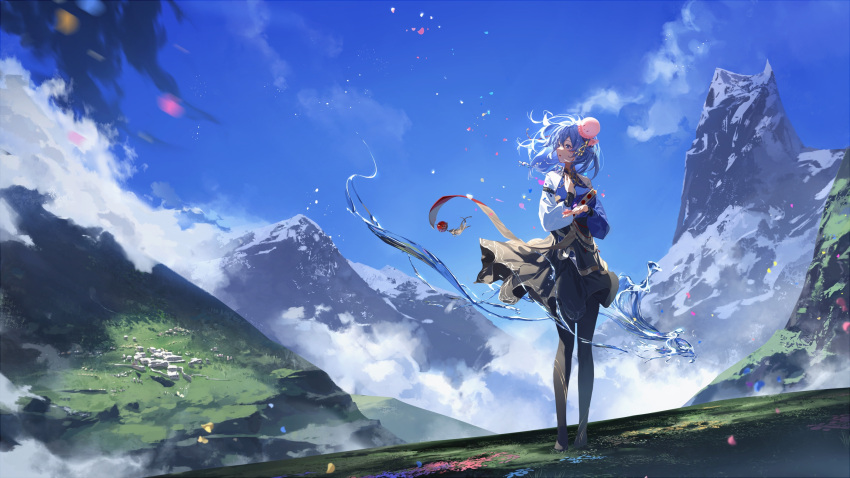 1girl black_pantyhose black_skirt blue_hair blue_shirt breasts chinese_commentary cloud day floating_hair flower haiyi highres jellyfish_hair_ornament light_particles long_hair long_sleeves looking_to_the_side mountain mountaintop outdoors pantyhose petals scenery shirt skirt sky solo standing synthesizer_v water wind wind_lift zirancike