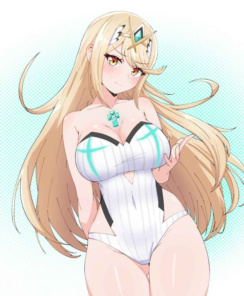 1girl bare_shoulders blonde_hair blush breasts chest_jewel cleavage cowboy_shot highres kamidan large_breasts long_hair looking_at_viewer mythra_(radiant_beach)_(xenoblade) mythra_(xenoblade) one-piece_swimsuit strapless strapless_one-piece_swimsuit swept_bangs swimsuit tiara white_one-piece_swimsuit xenoblade_chronicles_(series) xenoblade_chronicles_2 yellow_eyes
