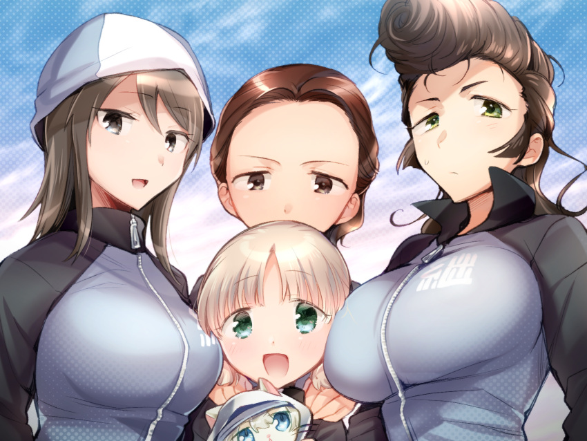 4girls :d aki_(girls_und_panzer) animalization blue_headwear blue_jacket blue_sky brown_eyes brown_hair cat closed_mouth cloud cloudy_sky commentary day frown girl_sandwich girls_und_panzer green_eyes hair_pulled_back hair_tie hand_on_another's_shoulder hat highres jacket keizoku_military_uniform koyama_harutarou light_brown_hair long_hair long_sleeves looking_at_viewer low_twintails mika_(girls_und_panzer) military_uniform multiple_girls open_mouth outdoors pompadour raglan_sleeves sandwiched short_hair short_twintails sky smile sweatdrop tami_(girls_und_panzer) track_jacket tulip_hat twintails uniform youko_(girls_und_panzer) yuri_(girls_und_panzer)