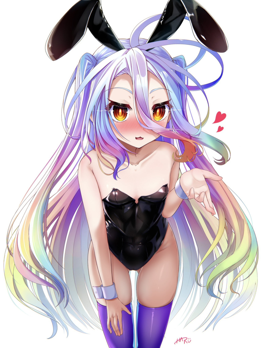 1girl :3 alternate_costume alternate_hairstyle animal_ears ass_visible_through_thighs bare_shoulders black_leotard blowing_kiss blue_hair blush breasts collarbone commentary embarrassed eyelashes fake_animal_ears feet_out_of_frame floating_hair fusen_haru gradient_hair green_hair groin hair_between_eyes hand_on_own_thigh hand_up heart highleg highleg_leotard highres leaning_forward leotard long_hair looking_at_viewer multicolored_hair no_game_no_life nose_blush open_mouth pink_hair playboy_bunny purple_thighhighs rabbit_ears ringed_eyes shiro_(no_game_no_life) signature simple_background small_breasts smile solo standing strapless strapless_leotard sweatdrop thighhighs two_side_up very_long_hair white_background white_wrist_cuffs wrist_cuffs yellow_eyes