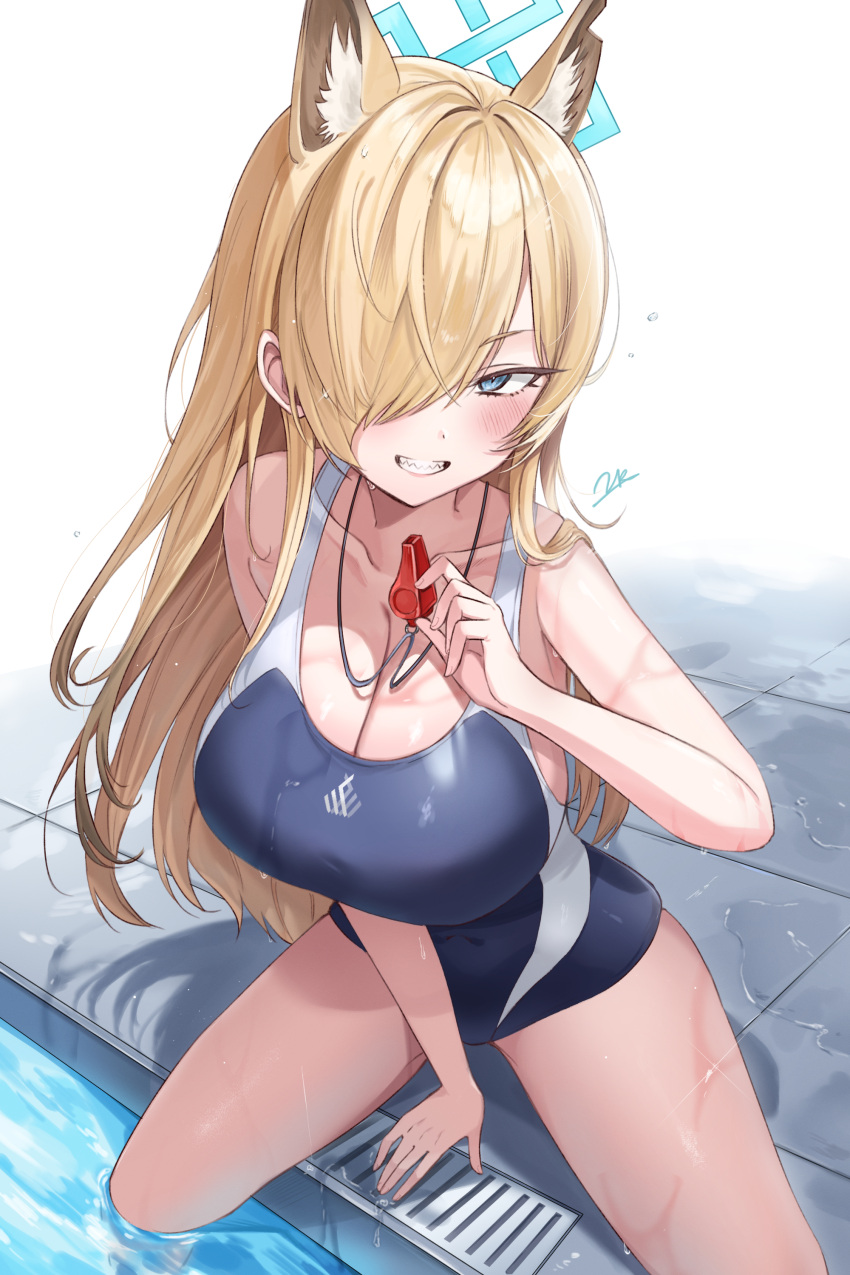 1girl 2k_(tldntkfkdro) :d absurdres animal_ear_fluff animal_ears arm_support armpits between_legs blue_archive blue_eyes blue_halo blue_one-piece_swimsuit blush breasts cleavage collarbone commentary competition_school_swimsuit covered_navel cowboy_shot dog_ears dog_girl drain_(object) emblem extra_ears glint grin groin_tendon half-closed_eyes halo hand_between_legs highres holding holding_whistle kanna_(blue_archive) large_breasts light_brown_hair long_hair looking_at_viewer one-piece_swimsuit parted_bangs pool poolside puddle school_swimsuit shadow sharp_teeth sideboob sidelocks signature simple_background sitting smile soaking_feet solo spread_legs swimsuit teeth thighs tile_floor tiles trinity_general_school_swimsuit v-shaped_eyebrows water wet wet_clothes wet_hair wet_swimsuit whistle whistle_around_neck white_background