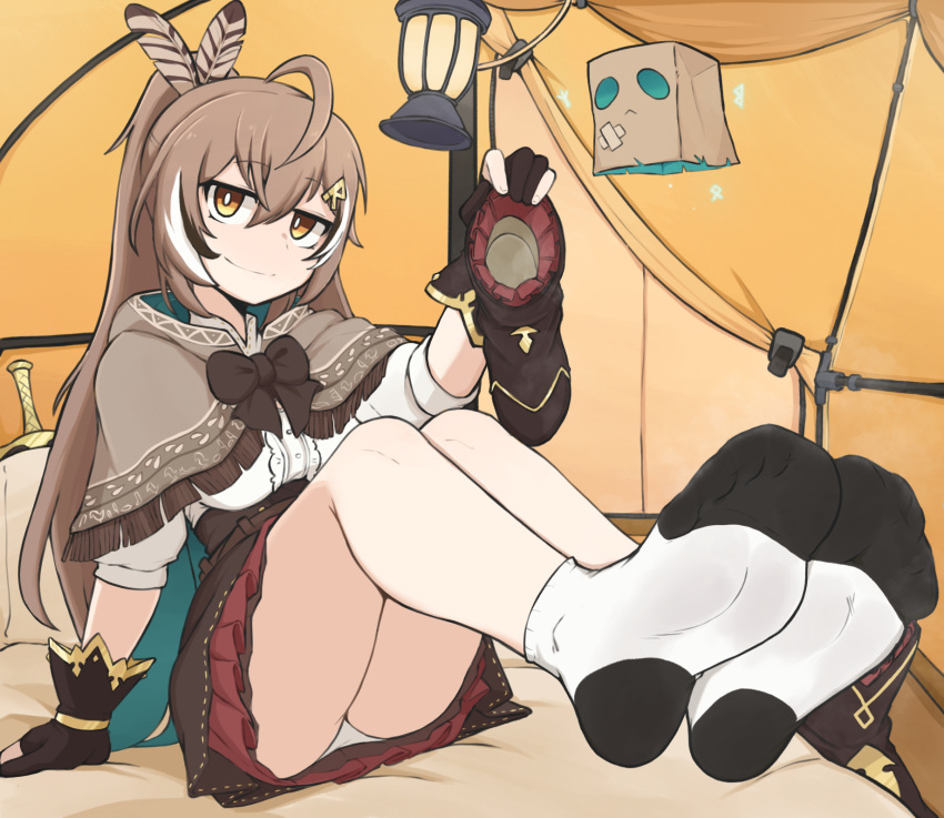 1girl ahoge arm_support bed_sheet black_gloves black_hair black_socks boots bow bowtie bright_pupils brown_bow brown_bowtie brown_eyes brown_hair closed_mouth double-parted_bangs feather_hair_ornament feathers feet foot_focus foreshortening frills full_body gloves gold_trim hair_between_eyes hair_ornament highres holding holding_boots holding_clothes holding_footwear hololive hood hood_down indoors knees_up legs legs_together long_hair looking_at_viewer miniskirt multicolored_hair nanashi_mumei no_shoes on_bed panties partially_fingerless_gloves ponytail sitting skirt smile socks softhanten soles streaked_hair tent toes two-tone_legwear underwear unworn_boots variant_set very_long_hair virtual_youtuber white_hair white_panties white_pupils white_socks