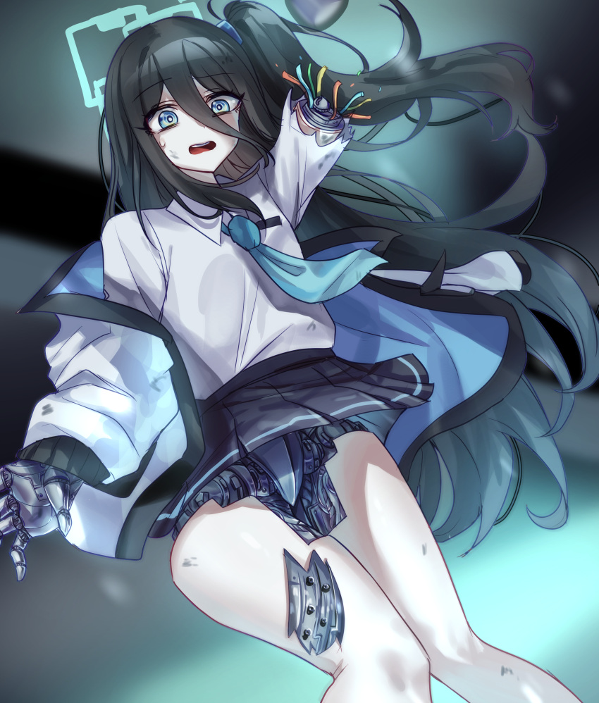 1girl absurdres android aris_(blue_archive) black_hair blue_archive blue_eyes blue_necktie bori_(pixiv_95888990) crying damaged full_body halo highres joints long_hair long_sleeves looking_at_viewer mechanical_parts necktie open_mouth robot_joints side_ponytail solo torn_clothes