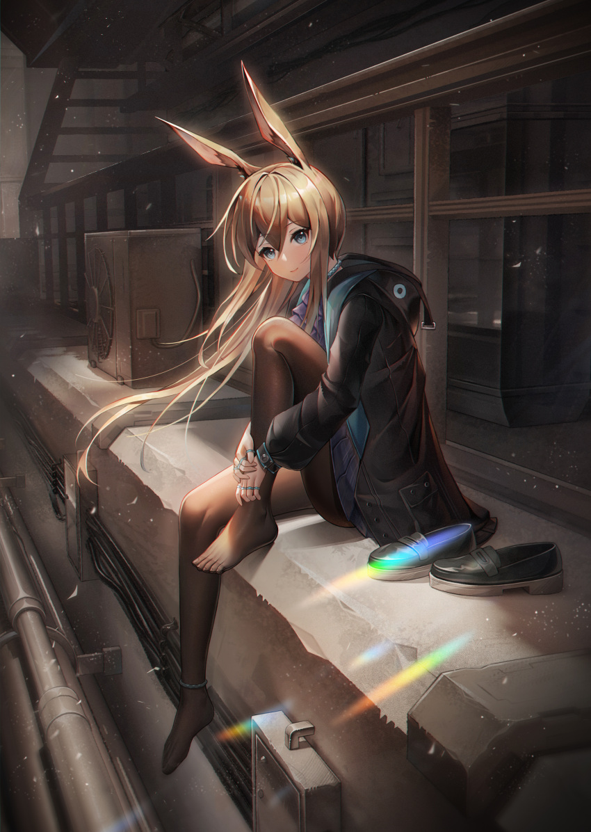 1girl absurdres air_conditioner amiya_(arknights) animal_ears arknights ascot black_jacket black_pantyhose blue_ascot blue_collar blush brown_hair cable collar concrete hair_between_eyes highres hood hood_down hooded_jacket hugging_own_legs jacket knee_up long_hair looking_at_viewer open_clothes open_jacket pantyhose rabbit_ears rabbit_girl revision shoes sitting smile solo stairs unworn_shoes wa_(user_snch2757)
