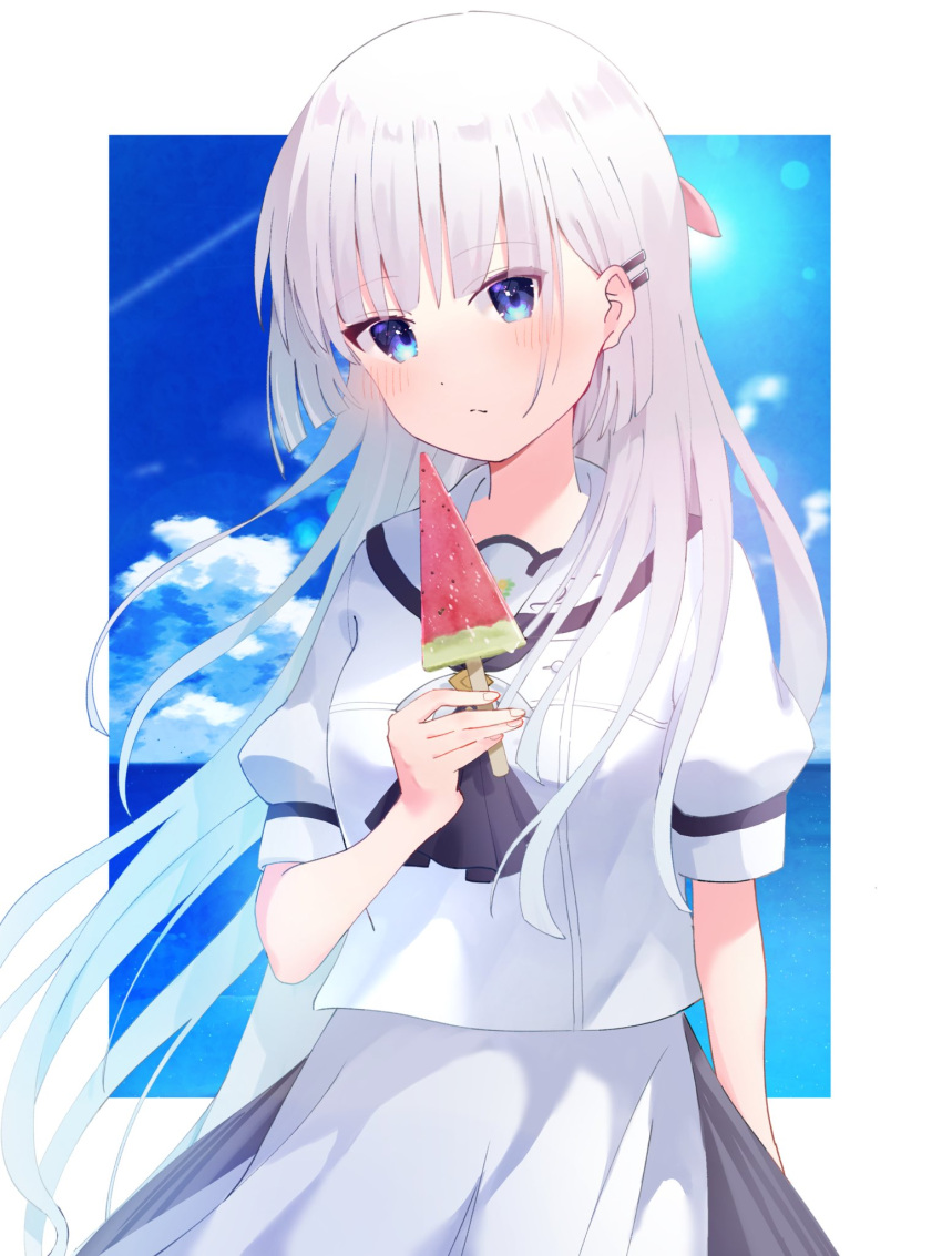 1girl ascot black_ascot blue_eyes blue_sky blunt_ends blush border closed_mouth commentary cowboy_shot day emu_shido expressionless floating_hair food hair_between_eyes hair_ornament hairclip hand_up highres holding holding_food holding_popsicle long_hair looking_at_viewer naruse_shiroha outdoors popsicle puffy_short_sleeves puffy_sleeves sailor_collar school_uniform shirt short_sleeves skirt sky solo straight_hair summer_pockets very_long_hair watermelon_bar white_border white_hair white_sailor_collar white_shirt white_skirt