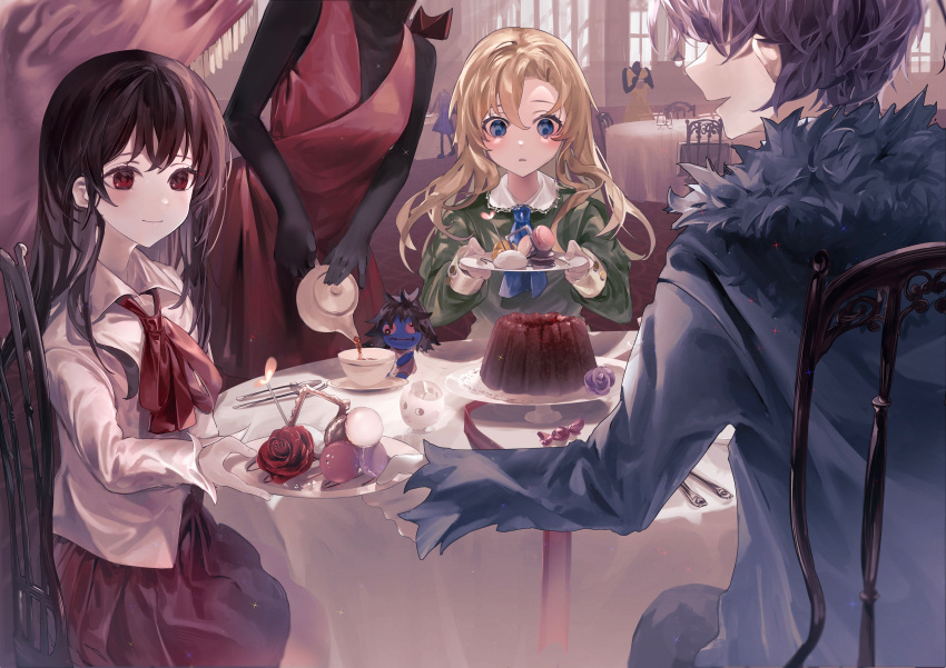 1boy 5girls absurdres ascot blonde_hair blue_ascot blue_coat blue_eyes brown_hair buttoned_cuffs candy chair closed_mouth coat collared_shirt commentary_request cup doll dress empty_picture_frame flower food fork fur-trimmed_coat fur_trim garry_(ib) gelatin green_dress highres holding holding_plate holding_teapot ib ib_(ib) ice ice_cube indoors light_blush long_hair long_sleeves looking_at_another looking_at_food macaron mary_(ib) multiple_girls neck_ribbon parted_lips picture_frame plate pouring purple_flower purple_hair purple_rose railgun1mikoto22 red_dress red_eyes red_flower red_ribbon red_rose red_skirt ribbon rose shirt sitting skirt sleeveless sleeveless_dress smile spoon table tablecloth tea teacup teapot wall-eyed white_shirt window yellow_flower yellow_rose