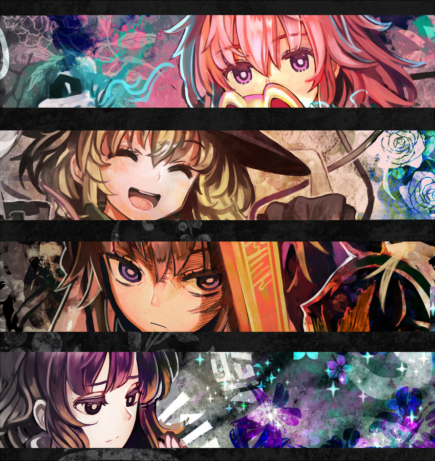 angry brown_hair closed_eyes expressionless face flower gradient_hair green_hair hand_on_headwear happy hat hata_no_kokoro highres hijiri_byakuren holding hopeless_masquerade komeiji_koishi looking_at_viewer mask multicolored_hair multiple_girls noh_mask organ_derwald pink_eyes pink_hair purple_eyes purple_hair ritual_baton rose smile sorcerer's_sutra_scroll touhou toyosatomimi_no_miko