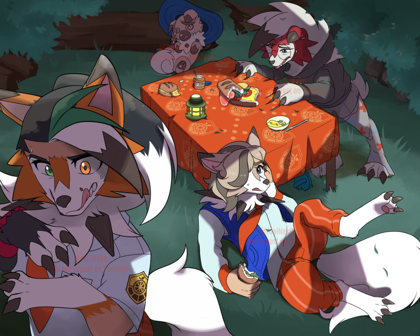 ambiguous_gender arven_(pokemon) black_hair bodily_fluids bottomwear brown_body brown_fur brown_hair claw_growth claw_marks claws clothing digitigrade dipstick_ears dusk_lycanroc eyewear fangs feral finger_claws fluffy fluffy_tail food fujoshiineko fur fur_growth generation_7_pokemon glasses gloves grass green_eyes grey_eyes group growth hair handwear hi_res hoodie human human_to_feral lycanroc mammal mid_transformation midday_lycanroc midnight_lycanroc multicolored_ears nemona_(pokemon) nintendo one_eye_closed orange_body orange_eyes orange_fur pants pattern_bottomwear pattern_clothing pattern_pants pawpads penny_(pokemon) pink_pawpads plant pokemon pokemon_(species) red_body red_fur rockruff sandwich_(food) school_uniform scut_tail shaded shirt short_tail shrub snout snout_growth species_transformation spiral_eyes striped_bottomwear striped_clothing striped_pants stripes sweat tail teeth topwear torn_clothing torn_gloves torn_handwear transformation uniform white_body white_fur