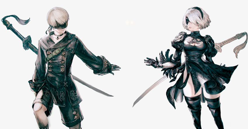 1boy 1girl 2b_(nier:automata) 9s_(nier:automata) belt black_blindfold black_coat black_dress black_gloves black_hairband black_thighhighs blindfold breasts choker cleavage closed_mouth coat collarbone dress gloves green_belt grey_background hairband highres juliet_sleeves katana long_sleeves medium_breasts mole mole_on_cheek nier:automata nier_(series) open_hand puffy_sleeves short_hair simple_background standing sword sword_on_back thighhighs thighs tomatika virtuous_contract weapon weapon_on_back white_hair