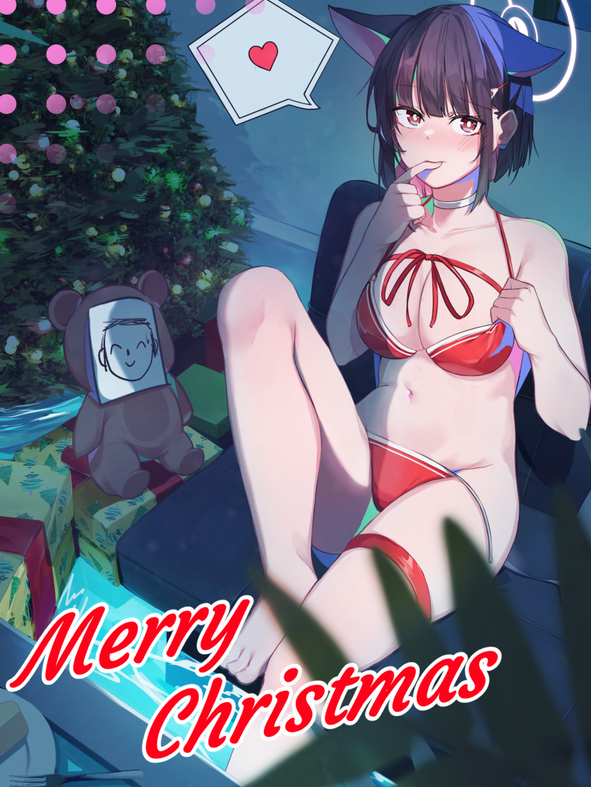 1girl animal_ears barefoot bikini black_hair blue_archive blush breasts cat_ears christmas_tree cleavage collarbone colored_inner_hair doodle_sensei_(blue_archive) extra_ears finger_to_mouth halo heart highres indoors kazusa_(blue_archive) knee_up merry_christmas multicolored_hair navel pink_hair red_bikini santa_bikini sensei_(blue_archive) shiwa_(jired1234) short_hair sitting spoken_heart stuffed_animal stuffed_toy swimsuit teddy_bear thigh_strap