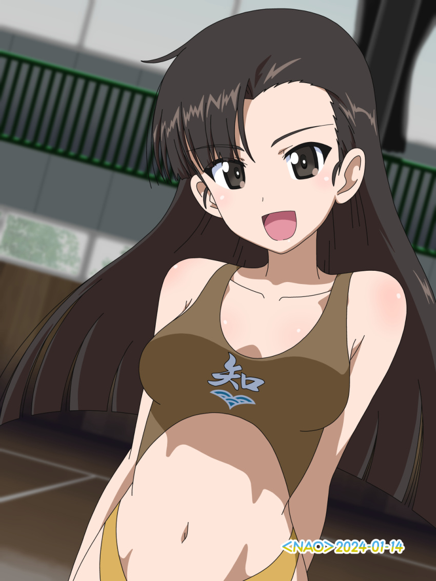 1girl black_hair blush breasts brown_eyes collarbone commentary_request dated girls_und_panzer highres indoors long_hair looking_at_viewer naotosi navel nishi_kinuyo open_mouth signature small_breasts smile solo upper_body