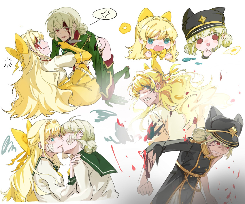 2girls ahoge anger_vein angry araga_kiwi bandage_on_face bandages blonde_hair blood blood_on_face bow bowtie chinese_commentary clenched_teeth fighting gloves green_eyes hair_bow hand_on_another's_shoulder hat highres holding holding_knife kiss kissing_cheek knife leopard_(mahou_shoujo_ni_akogarete) long_hair looking_at_another magia_sulphur magical_girl mahou_shoujo_ni_akogarete military_hat military_uniform multiple_girls multiple_views on_ground open_mouth red_eyes school_uniform second-party_source simple_background smile spoken_anger_vein teeth tenkawa_kaoruko torn_clothes uniform white_background yuri