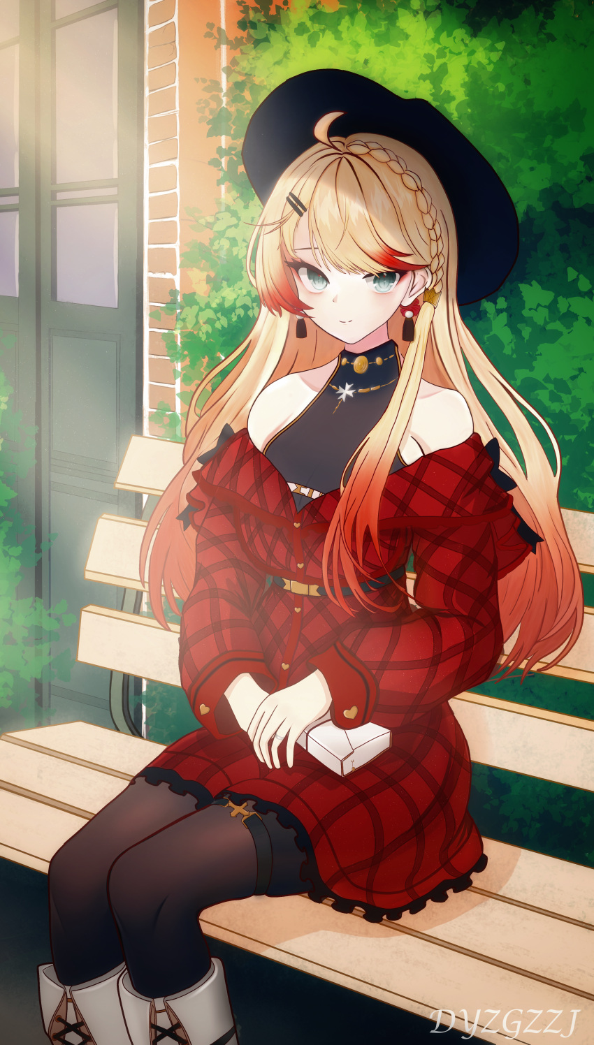 1girl absurdres artist_name azur_lane black_headwear blonde_hair boots braid brown_pantyhose checkered_clothes checkered_dress cross-laced_footwear dress dyzgzzj earrings gradient_hair hat highres howe_(azur_lane) howe_(noble_rouge)_(azur_lane) jewelry long_hair long_sleeves multicolored_hair off-shoulder_dress off_shoulder official_alternate_costume outdoors pantyhose plaid plaid_dress red_dress red_hair side_braid sitting sleeveless sleeveless_turtleneck solo streaked_hair turtleneck two-tone_hair white_footwear