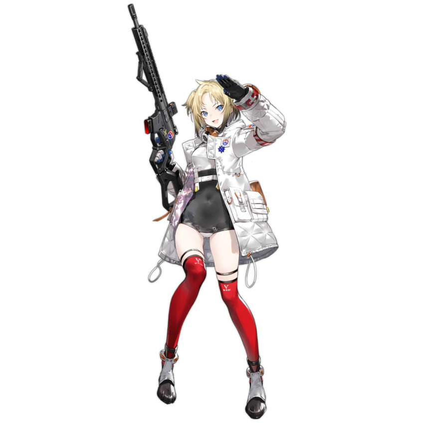 1girl :d armband artist_request black_footwear black_gloves black_leotard blonde_hair blue_eyes breasts check_weapon coat covered_navel full_body gas_mask girls'_frontline gloves gun hera_arms_vrb highres holding holding_gun holding_weapon hood hood_down hooded_coat leotard long_sleeves looking_at_viewer mask medium_breasts multicolored_clothes multicolored_footwear multicolored_gloves official_art open_mouth parted_bangs pouch red_thighhighs rifle salute short_hair short_twintails simple_background smile solo standing sticker thighhighs third-party_source transparent_background trigger_discipline twintails two-sided_gloves vrb_(girls'_frontline) weapon white_coat white_footwear white_gloves