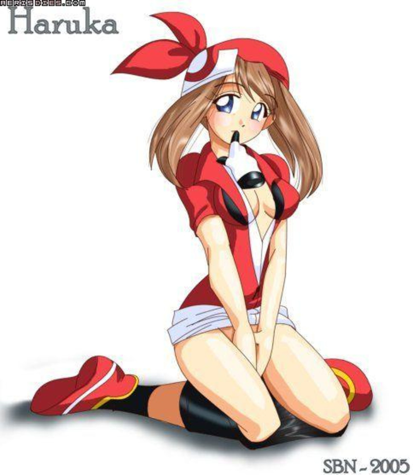 aerisdies bike_shorts dated haruka_(pokemon) highres jpeg_artifacts nude pokemon rubyconcream shorts shorts_pull solo third-party_edit third-party_watermark