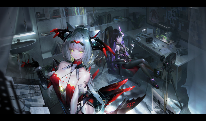 2girls absurdres aquarium barcode barcode_tattoo bare_shoulders black_gloves black_pantyhose book bookshelf breasts camera can cleavage crosscore elbow_gloves film_strip from_above gloves headgear highres holding holding_can indoors large_breasts looking_at_viewer mechanical_arms multiple_girls pantyhose photo_(object) ponytail poster_(object) purple_eyes single_mechanical_arm sitting tattoo the_thing video_camera white_hair yellow_eyes zer_z2