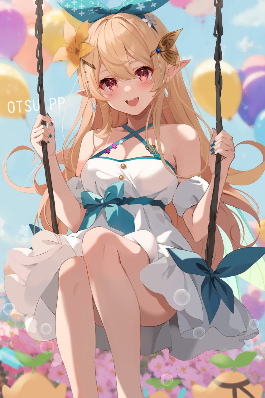 1girl alternate_costume blonde_hair breasts cleavage dress flower hair_between_eyes hair_flower hair_ornament hair_ribbon highres kujou_ichiso long_hair looking_at_viewer medium_breasts nijisanji nijisanji_en open_mouth pointy_ears pomu_rainpuff pomudachi_(pomu_rainpuff) red_eyes ribbon sitting sleeveless sleeveless_dress solo swing virtual_youtuber white_dress yellow_flower