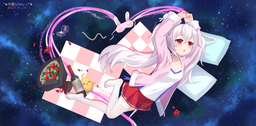 1girl animal_ears arms_up artist_name azur_lane blush bottle bouquet breasts chestnut_mouth chinese_commentary cleavage collarbone commentary_request crossed_bangs dated fake_animal_ears feet flower grey_hair hair_between_eyes highres jacket jewelry laffey_(azur_lane) long_hair manjuu_(azur_lane) necklace pearl_necklace pillow pink_jacket pleated_skirt rabbit_ears red_flower red_rose red_skirt ring rose shirt skirt sleep_mask small_breasts solo space star_(sky) thighhighs toes twintails very_long_hair wedding_ring white_shirt white_thighhighs wine_bottle xiao_shi_lullaby zettai_ryouiki