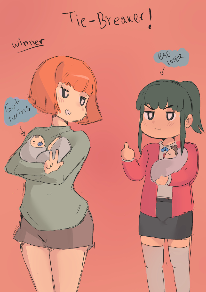 2girls absurdres baby blunt_bangs blunt_ends blush breasts bright_pupils cafin cowboy_shot dark-skinned_female dark_skin english_text girlfriend_(yoru_mac) green_eyes green_hair green_sweater grin hands_on_own_hips highres large_breasts looking_at_another mature_female middle_finger miniskirt mother_(yoru_mac) multiple_girls orange_hair pout rivalry short_ponytail short_shorts shorts sidelocks simple_background sketch skirt smile sweater yoru_mac