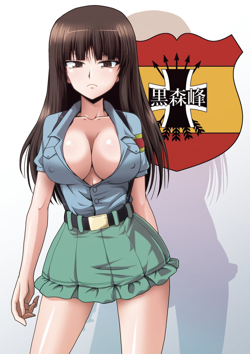 1girl alternate_costume belt black_belt black_eyes black_hair blue_shirt blunt_bangs breasts cleavage closed_mouth collared_shirt commentary emblem frilled_skirt frills frown fusion girls_und_panzer green_skirt half-closed_eyes highres kamishima_kanon kuromorimine_(emblem) large_breasts long_hair looking_at_viewer mature_female microskirt nishizumi_shiho no_bra partially_unbuttoned pleated_skirt shadow shirt short_sleeves skirt solo spanish_flag standing straight_hair suspender_skirt suspenders