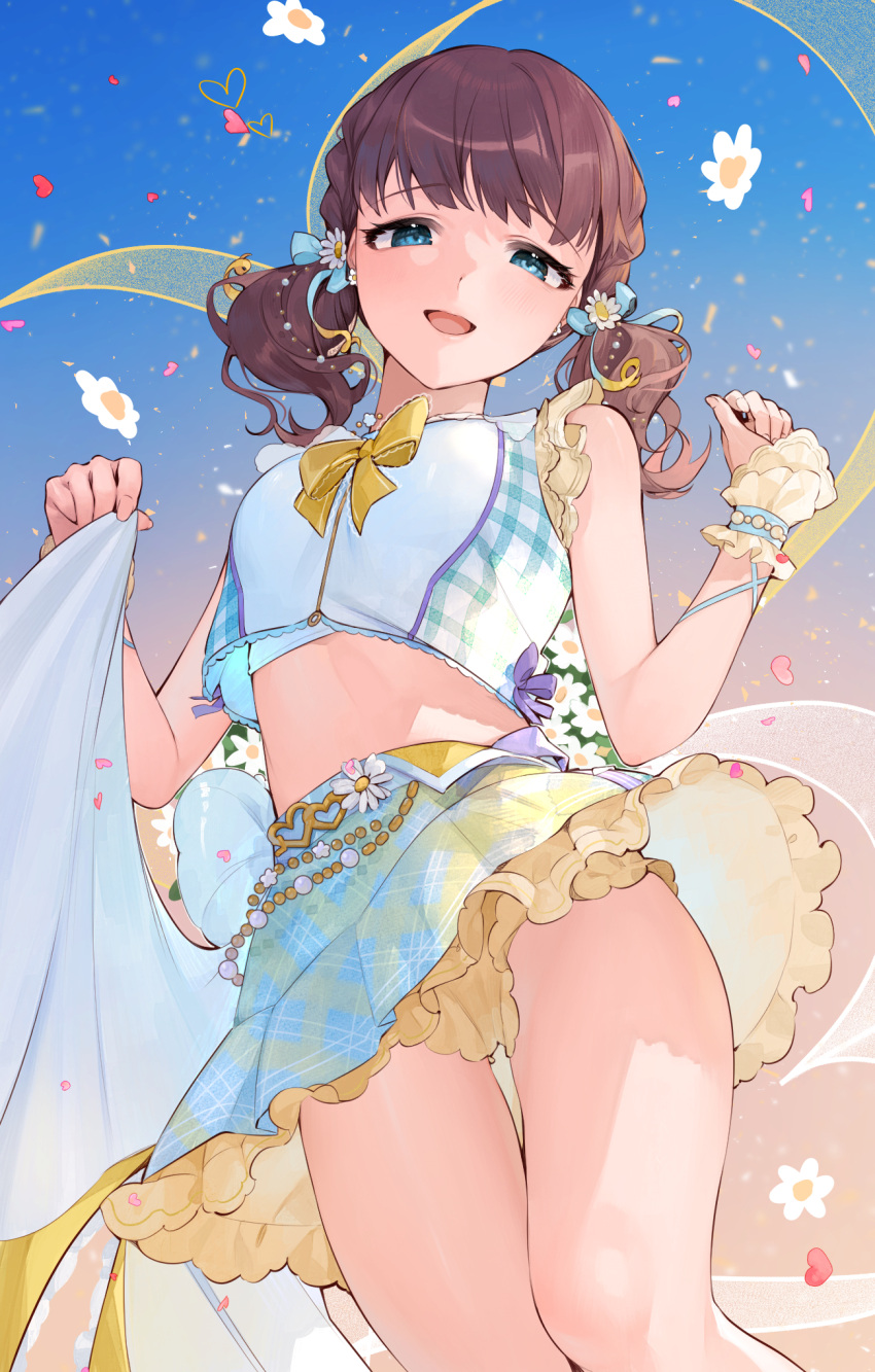 1girl bare_shoulders blue_eyes blue_sky bow bowtie brown_hair commentary_request feet_out_of_frame floating floating_object flower frilled_skirt frills hair_bow hair_flower hair_ornament hands_up highres holding holding_clothes idolmaster idolmaster_cinderella_girls koyo_akio looking_at_viewer looking_down midriff miniskirt open_mouth sakuma_mayu shirt skirt sky smile solo thighs twintails white_bow white_flower white_shirt white_skirt wrist_wrap yellow_bow yellow_bowtie