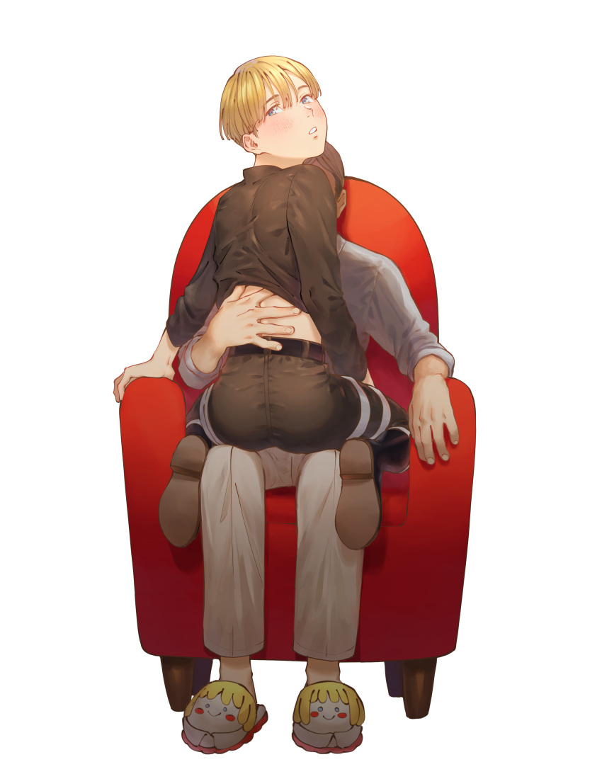 2boys absurdres armchair armin_arlert ass belt black_footwear blonde_hair blue_eyes blush bomhat boots bowl_cut brown_footwear brown_hair brown_pants chair clothes_lift collared_shirt commentary covered_face eren_yeager grey_shirt hand_on_another's_back highres lifted_by_another long_sleeves looking_at_viewer looking_back male_focus multiple_boys pants parted_lips shingeki_no_kyojin shirt shirt_lift shoe_soles short_hair sideways_glance simple_background sitting sitting_on_lap sitting_on_person sleeves_rolled_up slippers solo_focus thigh_strap white_background white_pants yaoi