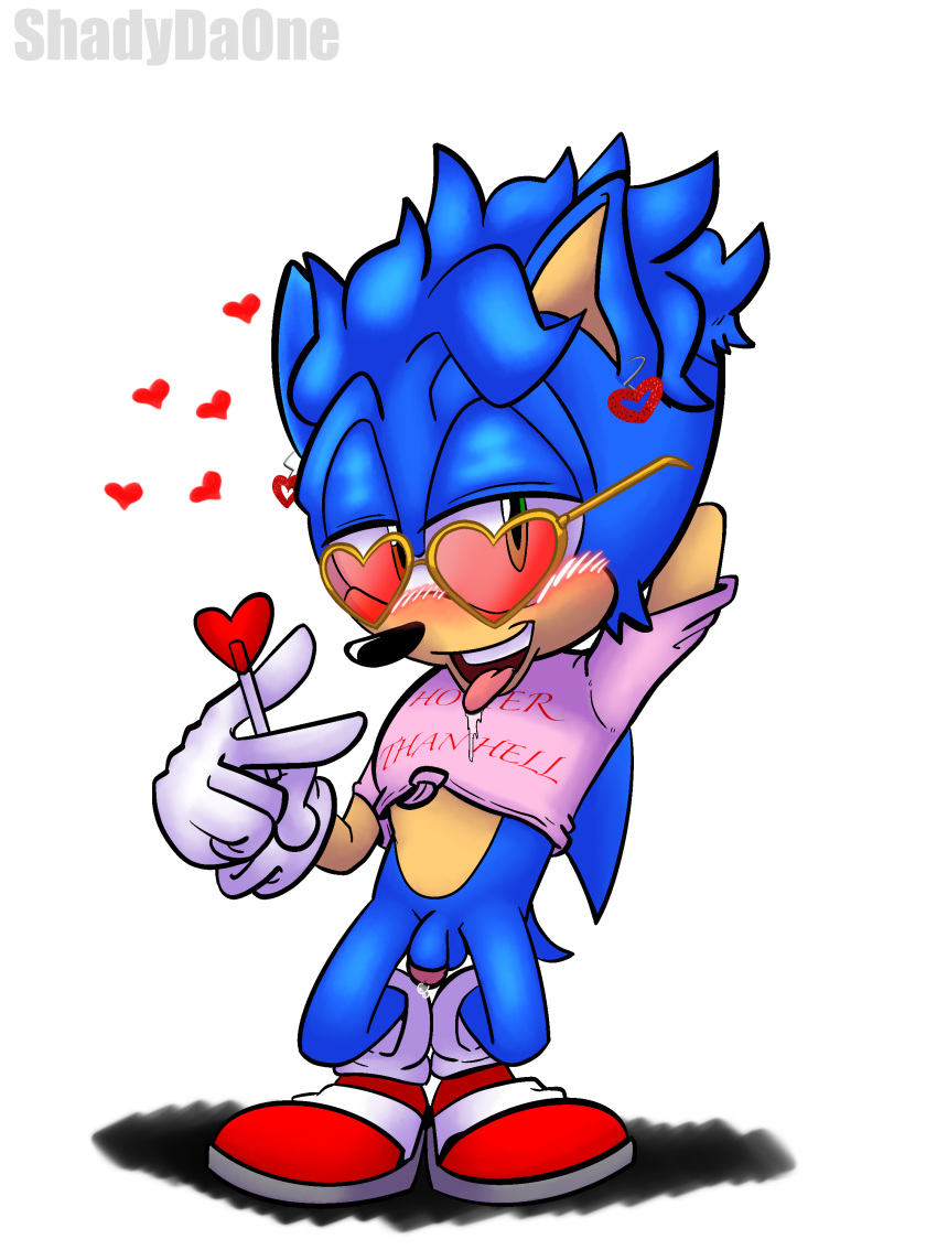 absurd_res anthro bodily_fluids clothing crop_top crouching eulipotyphlan genital_fluids genitals hedgehog hi_res holidays male mammal penis pinup pose precum presenting sega shadydaone shirt small_penis solo solo_focus sonic_the_hedgehog sonic_the_hedgehog_(series) topwear valentine's_day