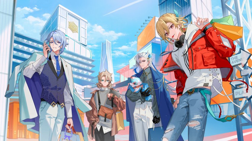 4boys absurdres albedo_(genshin_impact) alternate_costume aqua_belt aqua_eyes arm_at_side asymmetrical_bangs bag belt belt_buckle black_gloves black_pants blonde_hair blue_coat blue_hair blue_necktie bolo_tie brooch brown_jacket bubbly_seahorse_(genshin_impact) buckle building candy city clenched_hand closed_mouth cloud coat coat_on_shoulders collared_shirt cowboy_shot cross-laced_clothes curtained_hair day denim drawstring earrings fanny_pack feather_hair_ornament feathers food food_in_mouth frilled_shirt frilled_sleeves frills full_body genshin_impact gloves grey_shirt grey_sweater_vest grey_vest hair_between_eyes hair_ornament hair_over_shoulder hand_in_pocket hand_on_own_hip hand_up headphones highres holding holding_bag holding_phone holding_stuffed_toy hood hood_down hoodie jacket jeans jewelry kamisato_ayato kaveh_(genshin_impact) light_blue_hair light_smile lollipop long_hair long_sleeves looking_at_viewer lowro_(en) male_focus medium_hair midriff_peek mole mole_under_mouth multicolored_hair multiple_boys necktie neuvillette_(genshin_impact) off_shoulder official_art open_clothes open_jacket pants paper_bag parted_lips phone purple_eyes red_eyes red_jacket sayagata shirt shirt_tucked_in shopping_bag sign smile standing streaked_hair stuffed_toy sweater_vest tie_clip torn_clothes torn_jeans torn_pants untucked_shirt vest watch white_coat white_hair white_hoodie white_pants white_shirt wristwatch