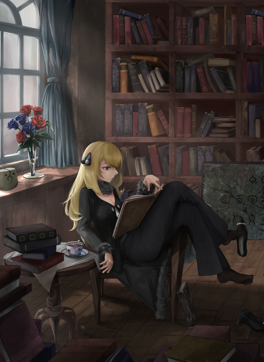 1girl absurdres black_coat black_footwear black_pants blonde_hair book bookshelf brown_socks chair character_print coat commentary_request cup curtains cynthia_(pokemon) dedemaru fur-trimmed_coat fur_trim hair_ornament highres holding holding_book indoors long_hair long_sleeves pants pokemon pokemon_dppt reading saucer shoes sitting_sideways socks solo tea teacup unown window