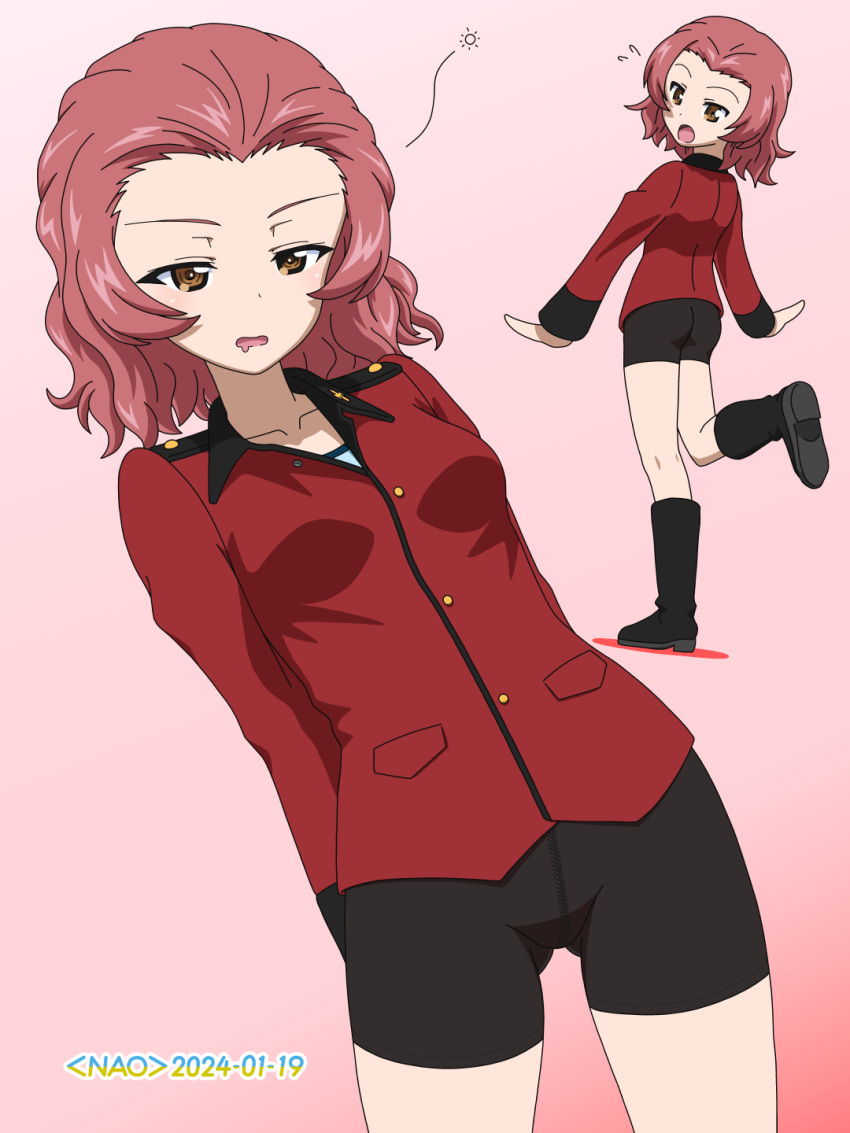 1girl ass bike_shorts black_shorts blush breasts brown_eyes girls_und_panzer highres looking_at_viewer military_uniform multiple_views naotosi open_mouth pink_background red_hair rosehip_(girls_und_panzer) short_hair shorts simple_background small_breasts st._gloriana's_military_uniform uniform