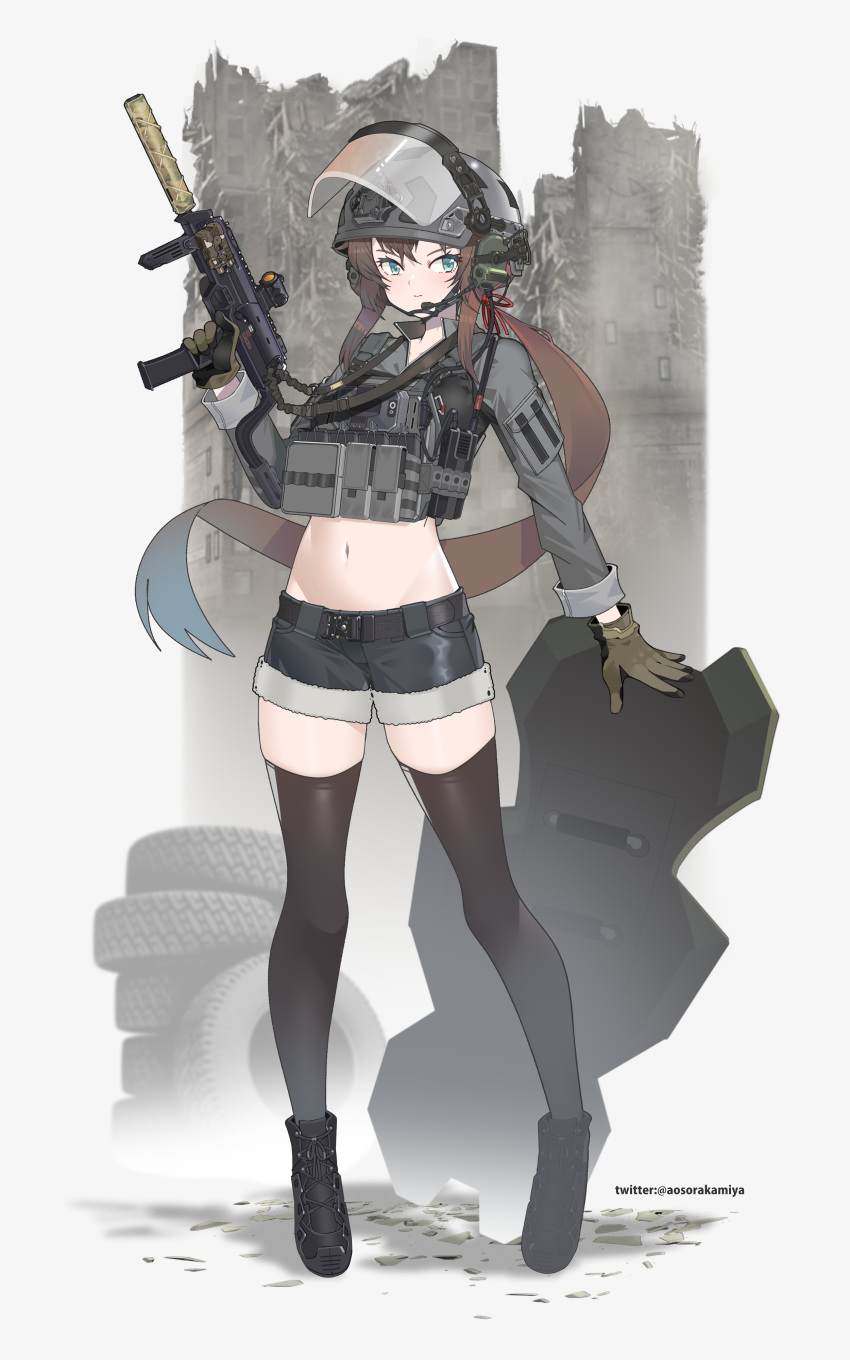 1girl absurdres ammunition_pouch aosora_kamiya belt black_footwear black_skirt black_thighhighs blue_eyes boots brown_gloves brown_hair closed_mouth combat_helmet commission cropped_shirt ear_protection full_body gloves grey_shirt gun gun_sling h&amp;k_mp7 hand_up helmet highres holding holding_weapon laser_sight long_hair long_sleeves microphone midriff navel optical_sight original ponytail pouch radio red_hair shield shirt short_shorts shorts sidelocks skirt solo submachine_gun suppressor termichan_(not-a-bot) thighhighs trigger_discipline twitter_username very_long_hair visor_(armor) weapon