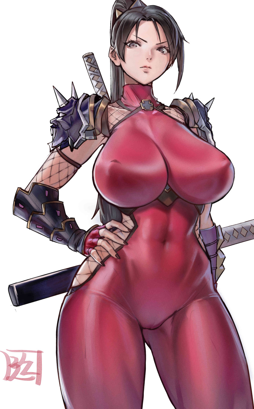 1girl absurdres armor black_hair bodysuit breasts brown_eyes cameltoe closed_mouth covered_navel covered_nipples cowboy_shot curvy fishnet_cutout forehead hand_on_own_hip highres huge_breasts impossible_bodysuit impossible_clothes juaag_acgy long_hair looking_at_viewer multiple_swords ninja nose ponytail red_bodysuit simple_background soulcalibur sword taki_(soulcalibur) turtleneck weapon white_background