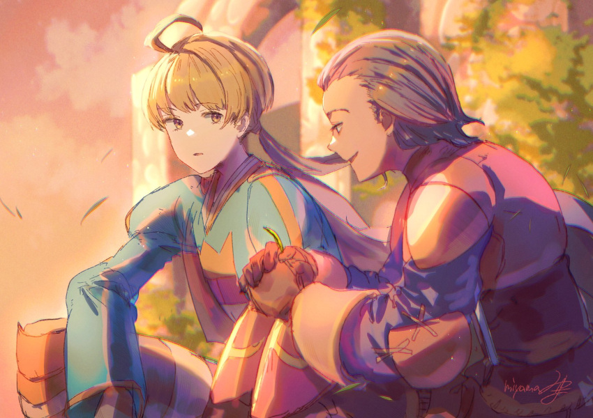 2boys ahoge armor blonde_hair brown_hair cape closed_mouth cloud delita_heiral final_fantasy final_fantasy_tactics gloves highres leaf male_focus miyama_(lacrima01) multiple_boys open_mouth ponytail ramza_beoulve signature smile