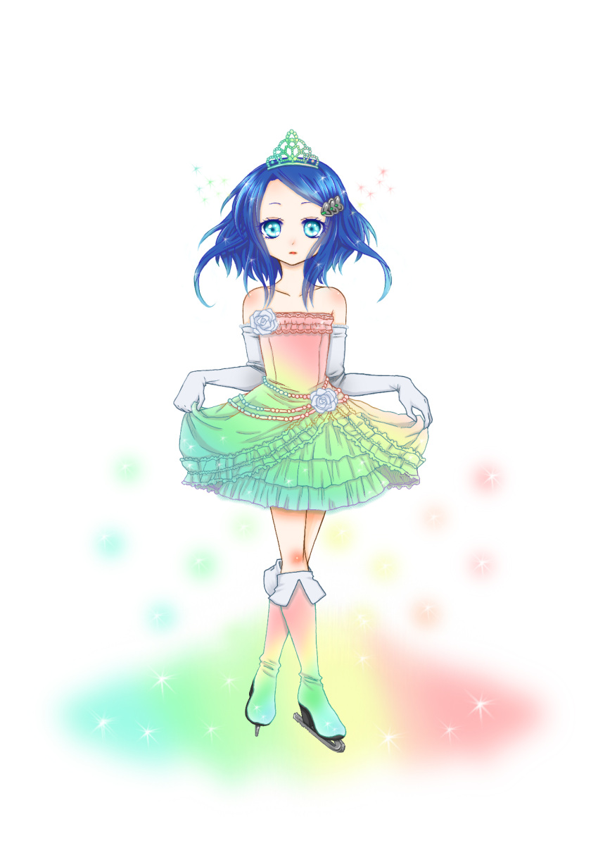 1girl artist_request beads blue_eyes blue_hair commentary_request dress elbow_gloves flower frilled_dress frills gloves hair_ornament hairclip heart_hearclip highres multicolored_clothes multicolored_dress pretty_rhythm pretty_rhythm_rainbow_live pretty_series rainbow_gradient rinne_(pretty_rhythm) rose skates sleeveless sleeveless_dress tiara white_flower white_gloves white_rose