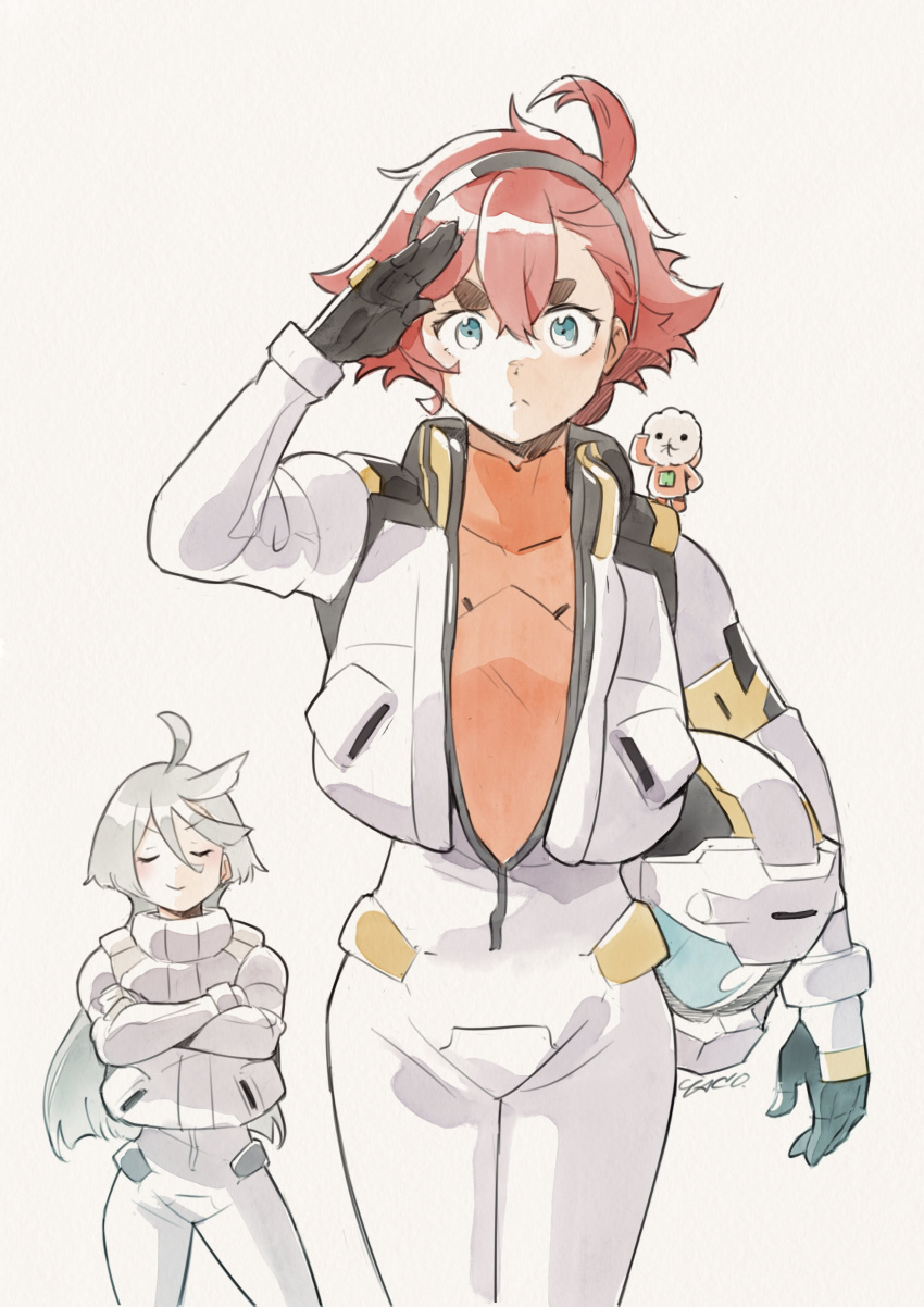 absurdres ahoge closed_eyes gundam gundam_suisei_no_majo hairband helmet highres hots_(gundam_suisei_no_majo) long_hair looking_at_viewer low_ponytail miorine_rembran normal_suit red_hair shoulder_boards smile suletta_mercury thick_eyebrows toy yaco_(085)