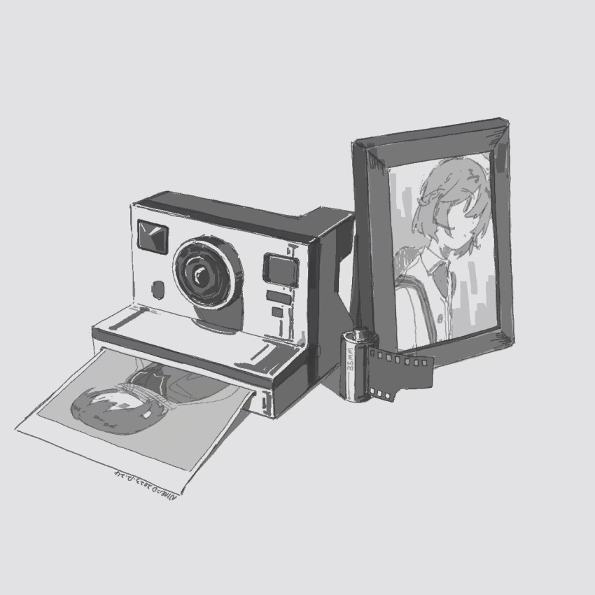 2girls chinese_commentary commentary_request dated film_strip greyscale highres kaze_imo monochrome multiple_girls ninegris nurse_robot_type_t photo_(object) picture_frame polaroid signature simple_background still_life utau