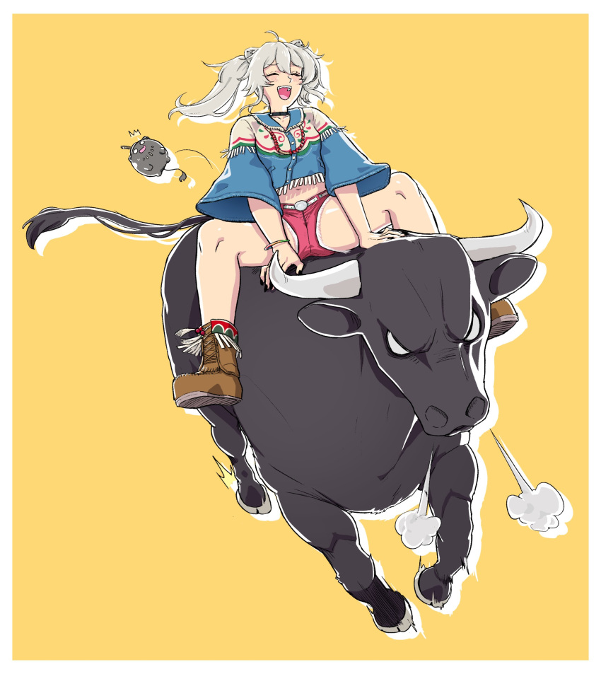 absurdres ahoge alternate_costume animal_ears anstatic boots brown_footwear bull closed_eyes commentary frayed_cable grey_hair highres hololive laughing lion_ears lion_girl lion_tail long_hair messy_hair micro_shorts open_mouth poncho red_shorts riding shirt_overhang shishiro_botan shorts simple_background ssrb_(shishiro_botan) symbol-only_commentary tail twintails virtual_youtuber yellow_background