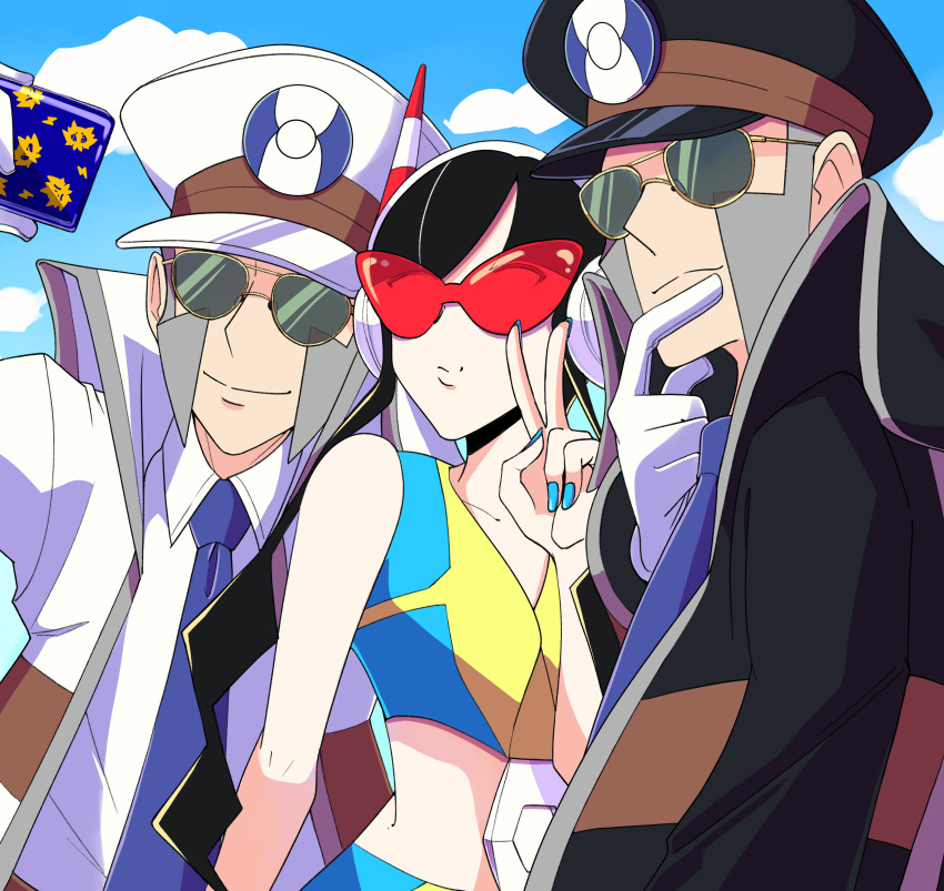 1girl 2boys absurdres black_hair blue_sky elesa_(pokemon) emmet_(pokemon) gloves grey_hair hat headphones highres ingo_(pokemon) multiple_boys nail_polish necktie peaked_cap pokemon pokemon_bw2 red-tinted_eyewear rei_(esprei96) selfie short_hair_with_long_locks siblings sky smile sunglasses tinted_eyewear twins v white_gloves