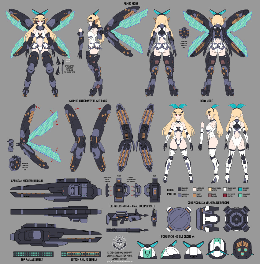 1girl armor ass blonde_hair bow_hairband cleavage_cutout clothing_cutout commentary concept_art energy_wings english_commentary english_text faulds fin_funnels flat_color full_body green_wings hairband headgear highres huge_weapon leotard long_hair mecha_musume mechanical_arms mechanical_legs nijisanji nijisanji_en pomu_rainpuff pomudachi_(pomu_rainpuff) railgun red_eyes reference_sheet robot_ears solo_focus substance20 thighhighs weapon white_leotard white_thighhighs wings