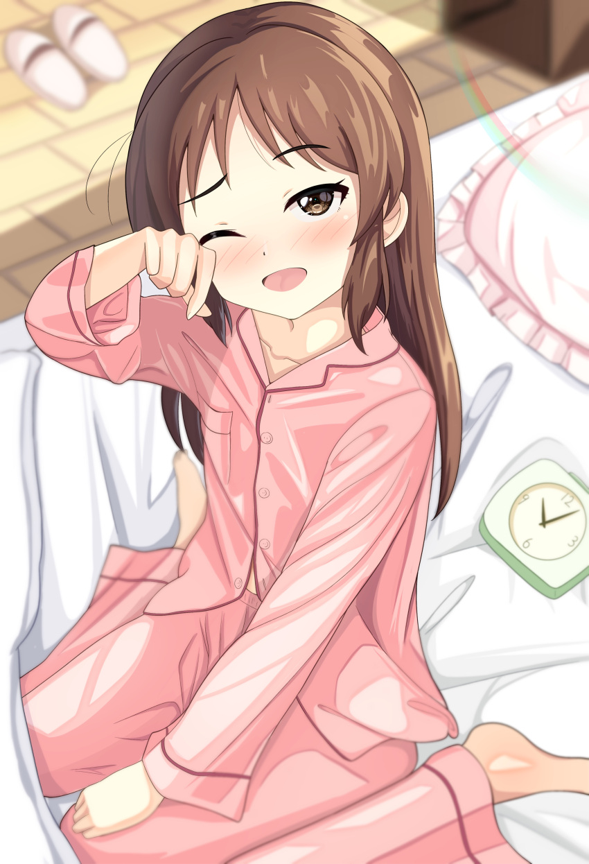 1girl absurdres alarm_clock barefoot bed bed_sheet blurry blurry_background blush breast_pocket brown_eyes brown_hair buttons choudai-sama clock collarbone commentary_request frilled_pillow frills hand_up highres idolmaster idolmaster_cinderella_girls idolmaster_cinderella_girls_u149 long_hair looking_at_viewer messy_hair morning one_eye_closed open_mouth pajamas pillow pink_pajamas pink_pillow pocket sidelocks sitting slippers smile solo tachibana_arisu waking_up wariza wooden_floor