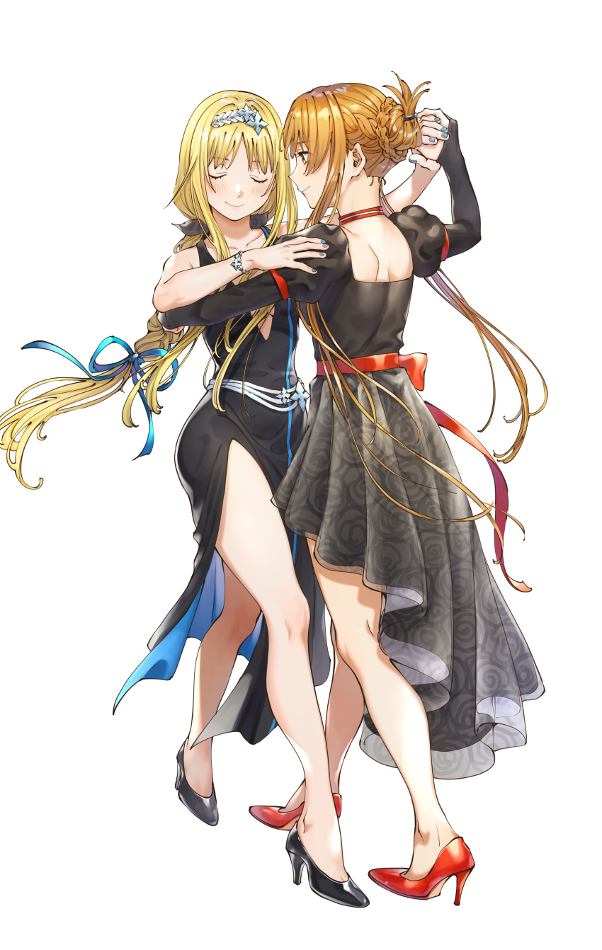 2girls absurdres alice_zuberg asuna_(sao) bare_legs bare_shoulders black_dress black_footwear blonde_hair blue_nails blue_ribbon bomhat bracelet braid braided_bun braided_ponytail character_request check_character choker closed_eyes closed_mouth commentary couple dancing dress floating_hair floral_print folded_hair french_braid full_body hair_bun hair_ribbon hairband hand_on_another's_shoulder hand_up high_heels highres holding_hands jewelry juliet_sleeves long_hair long_sleeves looking_at_another multiple_girls nail_polish orange_hair print_dress profile puffy_sleeves red_footwear red_ribbon ribbon sash side_slit sidelocks simple_background single_braid sleeveless sleeveless_dress smile standing standing_on_one_leg stiletto_heels sword_art_online two-sided_fabric updo very_long_hair white_background white_footwear yuri