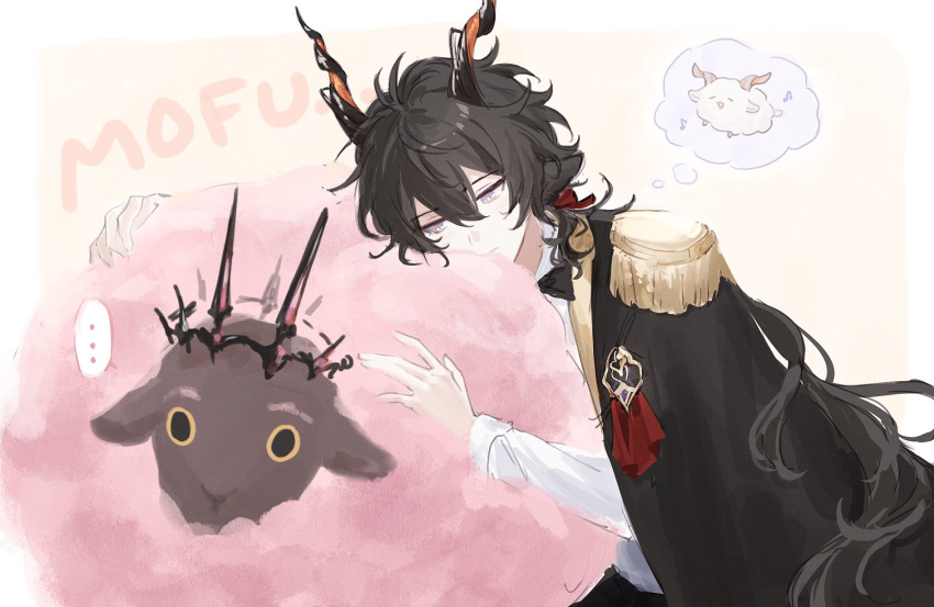 ... 1boy animal_ears animal_hug animalization arknights black_cape black_hair border cape commentary dolly_(arknights) ebenholz_(arknights) epaulettes frown goat_boy goat_ears goat_horns half-closed_eyes highres horns hug kreide_(arknights) long_hair male_focus musical_note purple_eyes rei_(926qz) sheep shirt simple_background spoken_ellipsis thought_bubble upper_body white_background white_shirt yellow_background