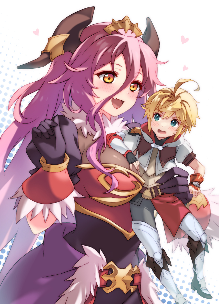 1boy 1girl ahoge blonde_hair blue_eyes blush breasts carrying carrying_person dragalia_lost dragon_horns ekra euden fang fingerless_gloves gloves hair_between_eyes heart highres horns large_breasts long_bangs long_hair mym_(dragalia_lost) open_mouth red_eyes red_hair short_hair size_difference skin_fang sweatdrop very_long_hair