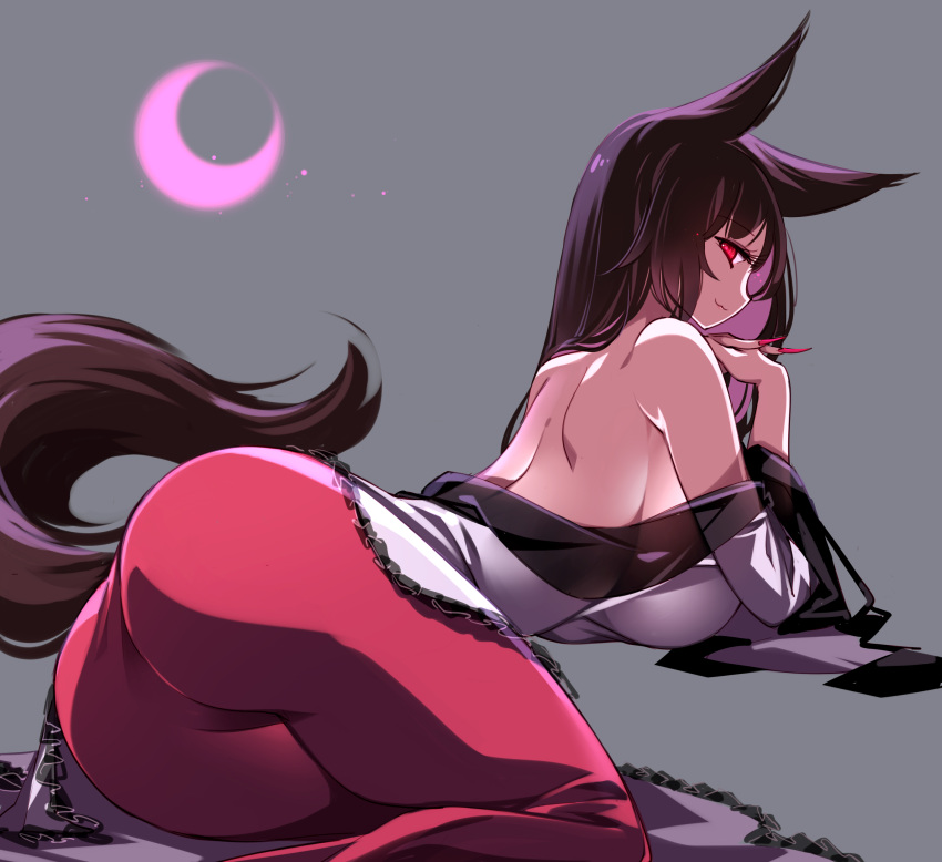 1girl animal_ears brown_hair dress highres imaizumi_kagerou off-shoulder_dress off_shoulder raptor7 red_eyes solo tail touhou wolf_ears wolf_girl wolf_tail