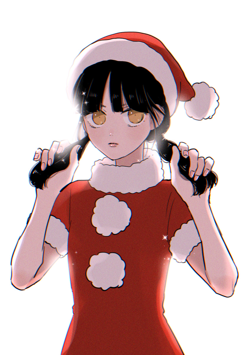 1girl alternate_costume alternate_hairstyle bare_arms black_hair closed_mouth fur-trimmed_sleeves fur_trim hands_up highres holding holding_hair kokaba lipstick long_hair looking_at_viewer low_twintails makeup red_headwear santa_costume short_sleeves simple_background solo sparkle tokimeki_memorial tokimeki_memorial_girl's_side_3rd_story twintails ugajin_miyo white_background yellow_eyes