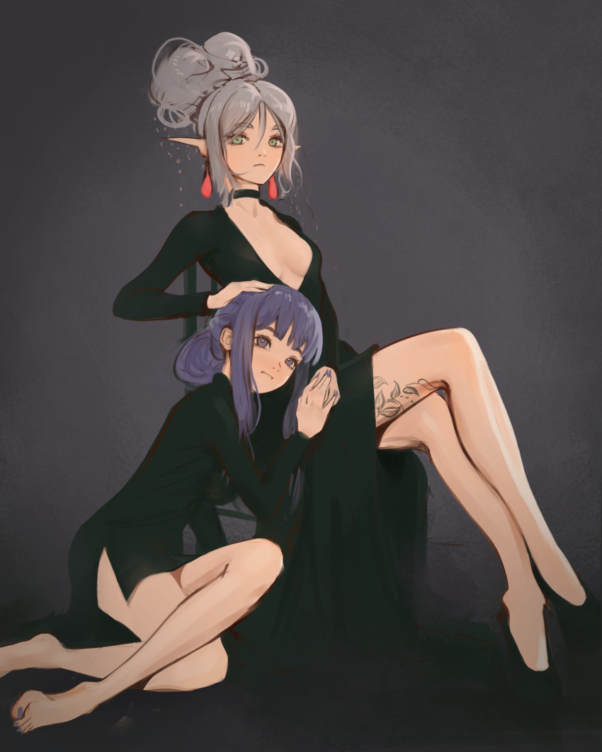 2girls absurdres alternate_hairstyle barefoot black_dress black_footwear breasts choker closed_mouth commentary crossed_legs dress earrings elf english_commentary fern_(sousou_no_frieren) formal frieren green_eyes grey_background grey_hair hair_between_eyes hair_bun hair_up hand_on_another's_head high_heels highres holding_hands jewelry knee_up leaning_on_person leaning_to_the_side leg_tattoo long_hair long_sleeves mawaw multiple_girls nail_polish on_floor plunging_neckline pointy_ears purple_eyes purple_hair single_hair_bun small_breasts sousou_no_frieren tattoo toenail_polish toenails updo