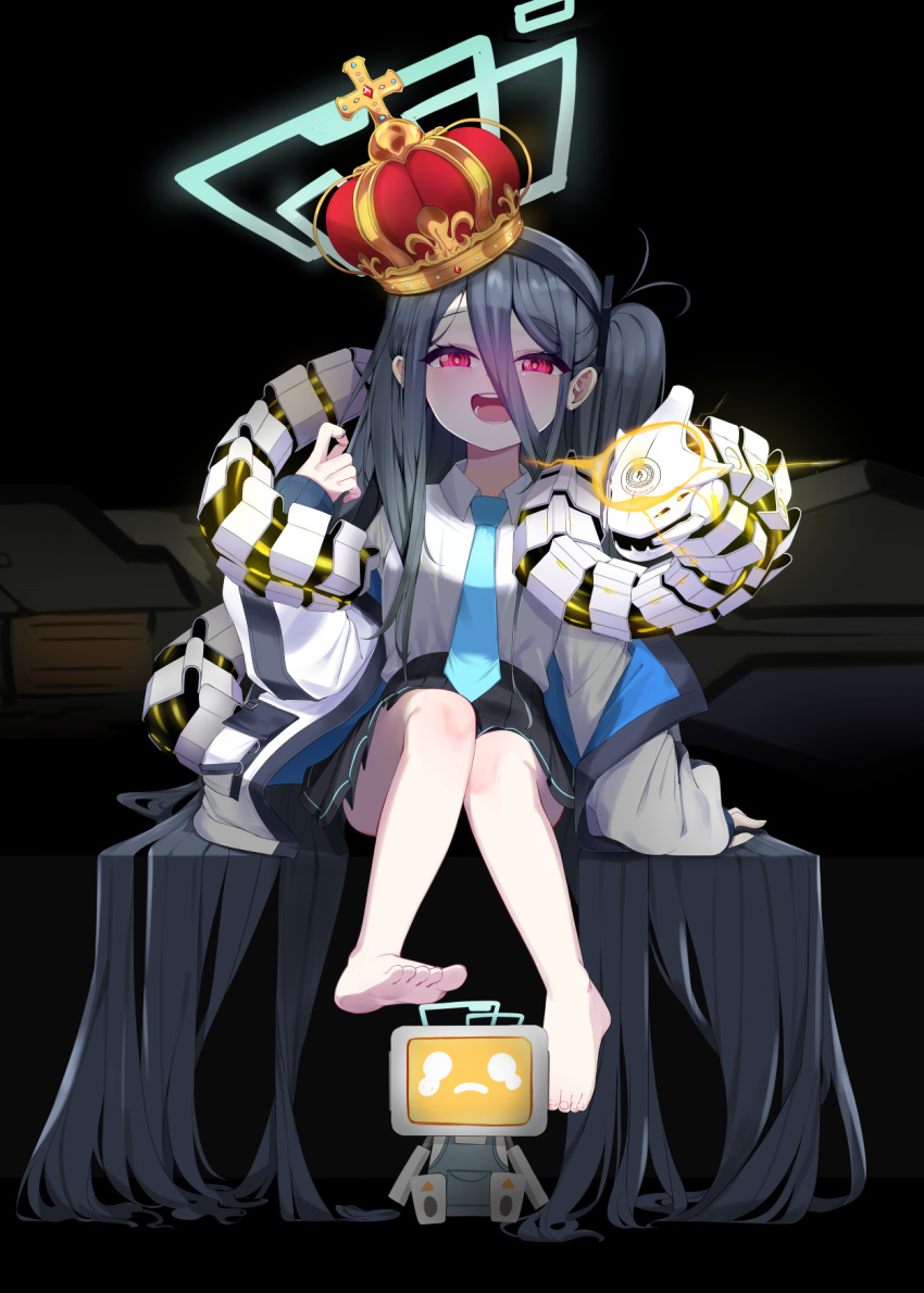 &lt;key&gt;_(blue_archive) &lt;key&gt;_(robot)_(blue_archive) 1girl absurdly_long_hair barefoot binah_(blue_archive) black_background black_hair black_hairband black_skirt blue_archive blue_halo blue_necktie breasts collared_shirt commentary cross crown feet hairband halo highres jacket knees_up light_blush long_hair necktie one_side_up open_mouth pink_eyes pleated_skirt seyeomkr shaded_face shirt sitting skirt small_breasts snake soles toes very_long_hair white_shirt yellow_halo