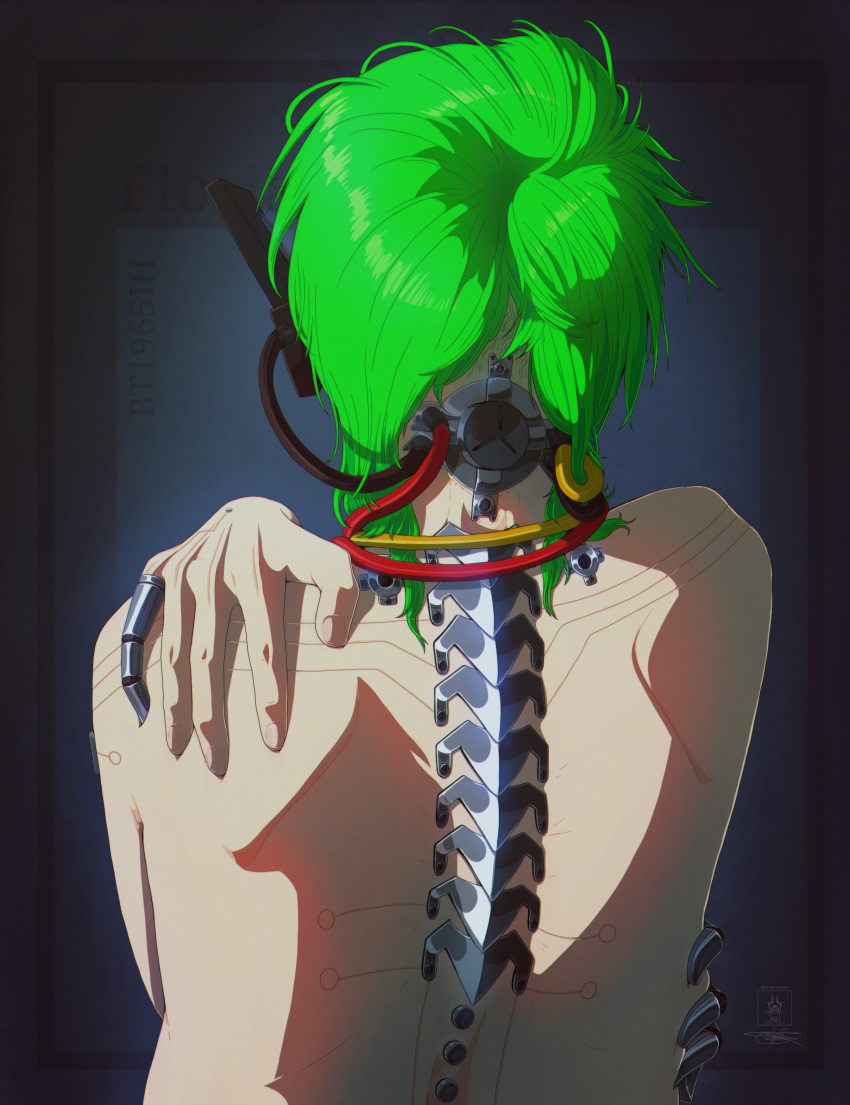 absurd_res body_modification cable cel_shading cybernetics cyberpunk cyborg green_hair hair hi_res human human_only machine male mammal mechanical_arm mechanical_parts not_furry seregore shaded short_hair socket solo solo_focus spine wire